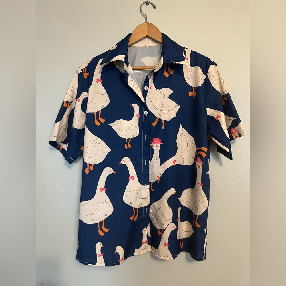 Goose Print Blue Collared button up shirt